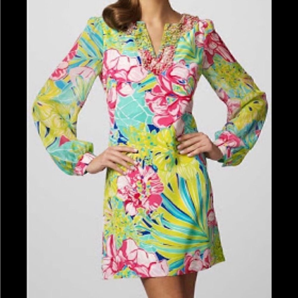 Lilly Pulitzer Silk Saemus Dress in Schooner Blue Land Escape Print Size 2